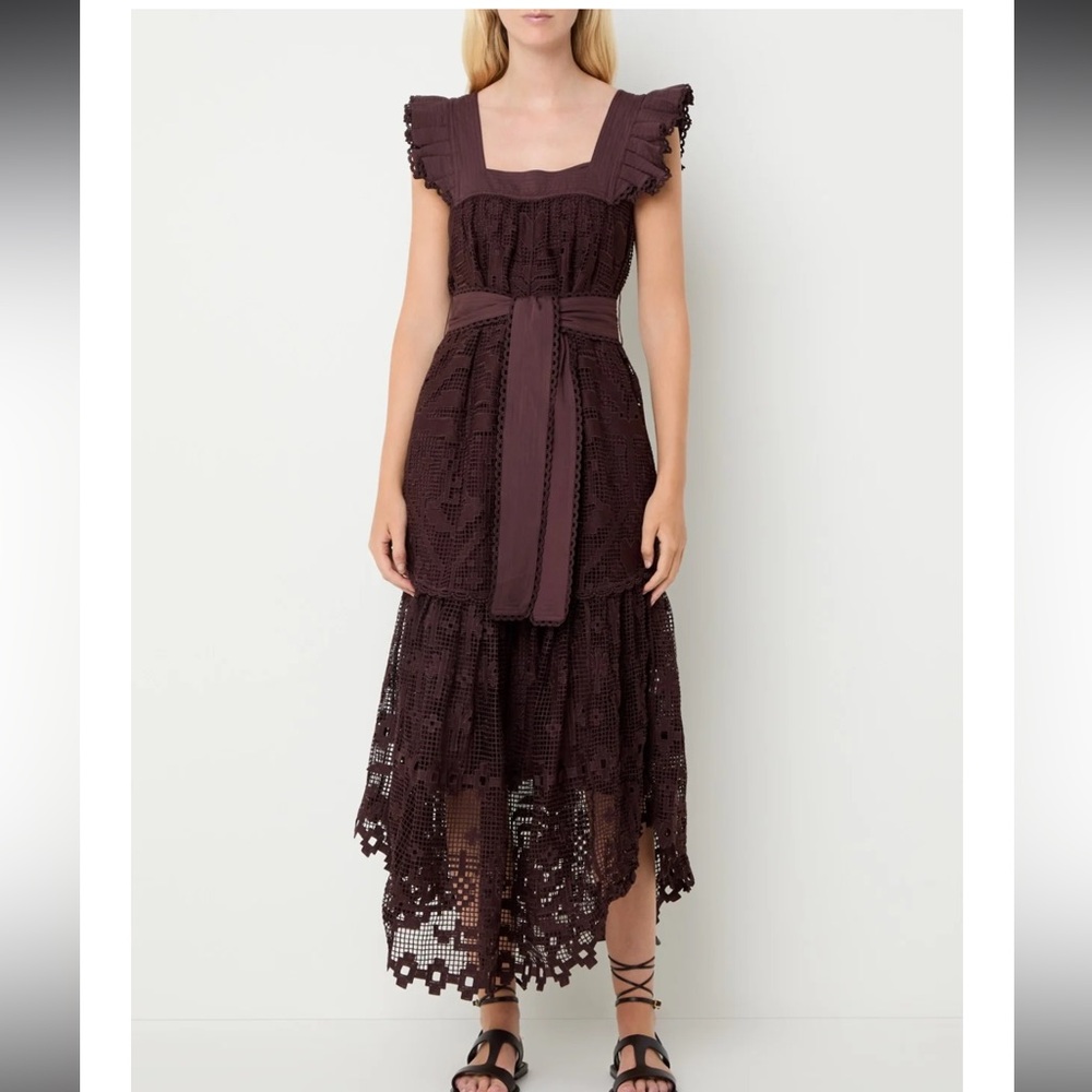 Farm Rio Pineapple Guipure Lace Midi Dress Brown Belted Dress Size XXS Boho